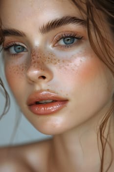 A close up of a womans face with freckles and blue eyes, showcasing her forehead, nose, cheek, skin, lip, eyebrow, eyelash, mouth, jaw, and neck