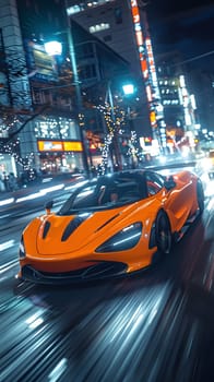 A sleek orange vehicle with automotive lighting is zooming through the city streets at night, showcasing its sporty design and powerful headlamps