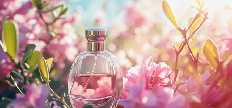 Perfume bottle with beautiful flowers. Floral background. Beauty concept. Flat lay, top view.