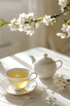 A ceramic teapot and a cup of tea arranged on a wooden table.