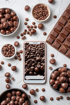 A modern cell phone is surrounded by small chocolate balls, creating a delicious and tempting arrangement.