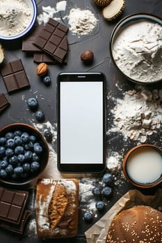 A cell phone placed on a table overflowing with a variety of food items such as fruits, vegetables, bread, and beverages.