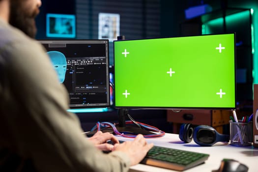 Software developer using isolated screen PC monitor for artificial intelligence computing. System administrator working with AI deep neural networks on mockup computer display