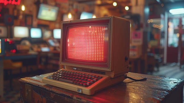 Vintage Computer Screen Displaying Pixelated Startup, The soft glow of a CRT monitor with blocky text captures the dawn of personal computing.