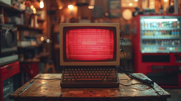 Vintage Computer Screen Displaying Pixelated Startup, The soft glow of a CRT monitor with blocky text captures the dawn of personal computing.