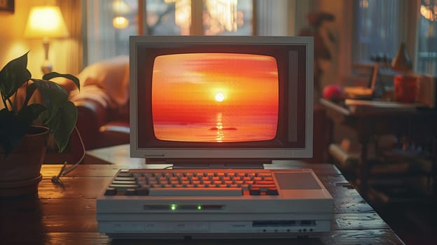 Vintage Computer Screen Displaying Pixelated Startup, The soft glow of a CRT monitor with blocky text captures the dawn of personal computing.