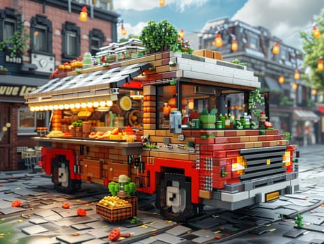 Pixel Art Food Truck in a Street Food Video Game, The vehicle blurs into a tasty pixel enterprise on digital wheels.