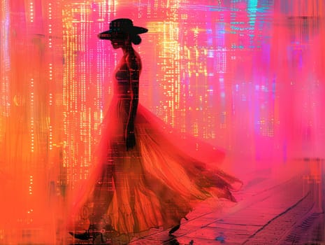 Low-Res Pixel Art Fashion Model on a Digital Runway, The figure blurs with fashion, blending the elegance of haute couture with 8-bit charm.