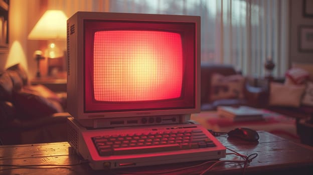 Vintage Computer Screen Displaying Pixelated Startup, The soft glow of a CRT monitor with blocky text captures the dawn of personal computing.