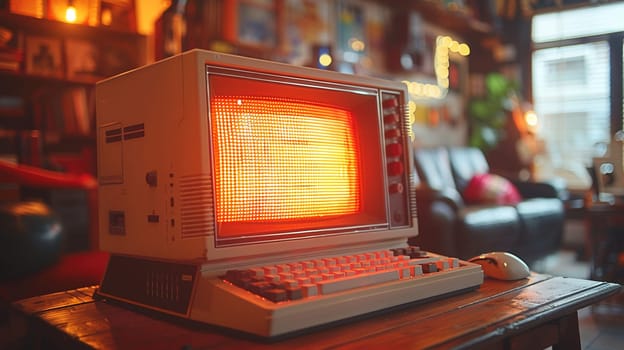 Vintage Computer Screen Displaying Pixelated Startup, The soft glow of a CRT monitor with blocky text captures the dawn of personal computing.