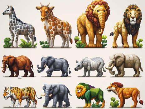 Low-Res Pixel Art of Exotic Animals for an Educational Game, Wildlife blurs into educational sprites, a pixel safari of learning.