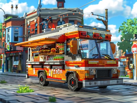 Pixel Art Food Truck in a Street Food Video Game, The vehicle blurs into a tasty pixel enterprise on digital wheels.