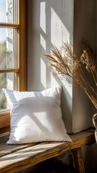 Warm sunlight illuminates a white pillow and dried flowers by a wooden window, evoking a tranquil ambiance, ideal for branding mockups