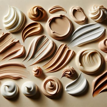 An image displaying a collection of cosmetic creams with different textures and shades, smudged on a beige background.