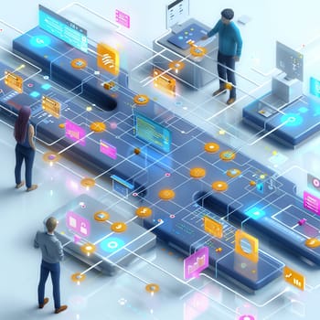 Innovative Project Management on Virtual Workflow Board, Blurred figures interact with a digital workflow, depicting efficiency and project tracking.