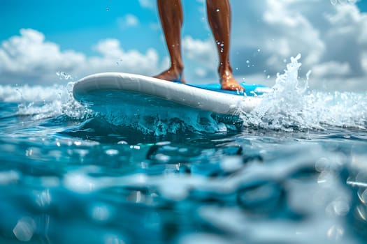 A person is balancing on a surfboard, gliding on the azure waters of the ocean. The liquid beneath them glistens under the clear sky, as they enjoy the thrill of surfing in this body of water