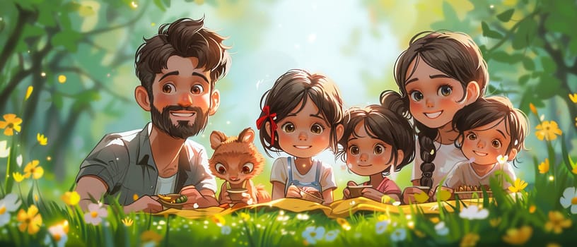 Cartoon family enjoying a picnic, designed with vibrant colors and joyful expressions.