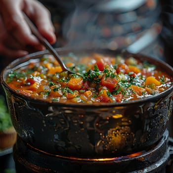 Hand stirring a pot of soup, evoking home cooking and family meals.