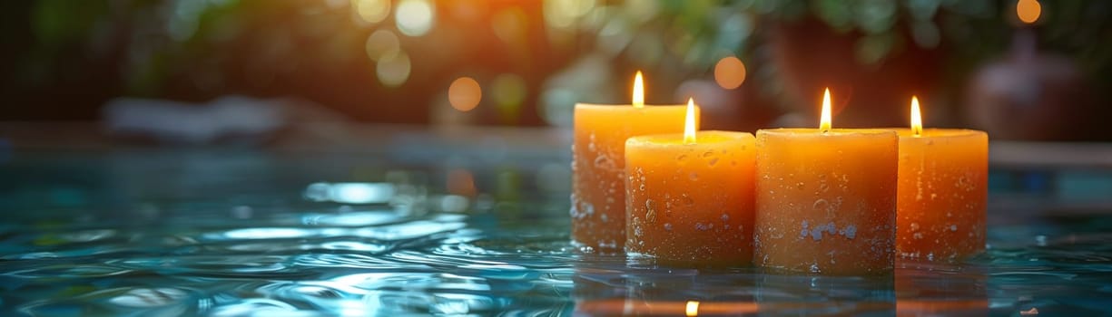 Candles lit in a tranquil spa setting, evoking relaxation and wellness
