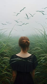 A woman in a black dress stands in a grassy field with birds flying against a misty sky. The natural landscape evokes a sense of peace and happiness