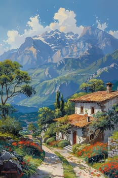 Drawing of a tranquil mountain retreat, captured in oils as a royalty-free masterpiece.
