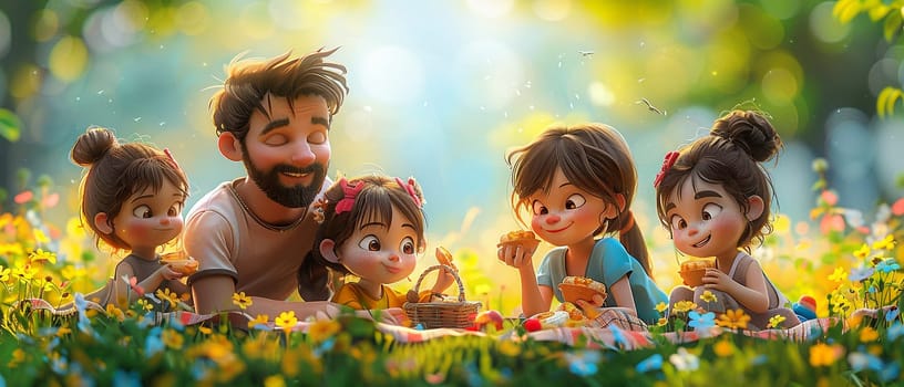 Cartoon family enjoying a picnic, designed with vibrant colors and joyful expressions.