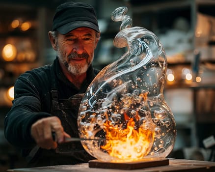 Artisan blowing glass, capturing the beauty and fragility of glass art