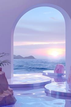 A mesmerizing view of the azure ocean framed by an archway, blending liquid sky and water. The horizon creates a magenta landscape, a true work of art for leisure