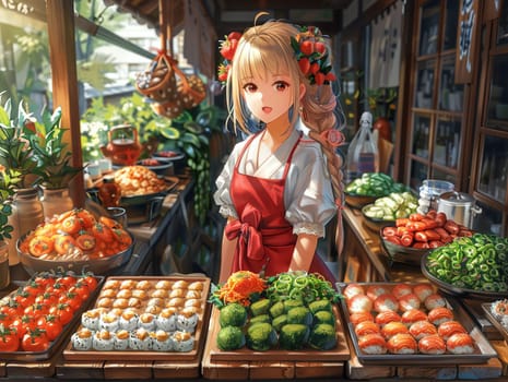 Food festival in anime style, showcasing a feast of illustrated delights and treats.