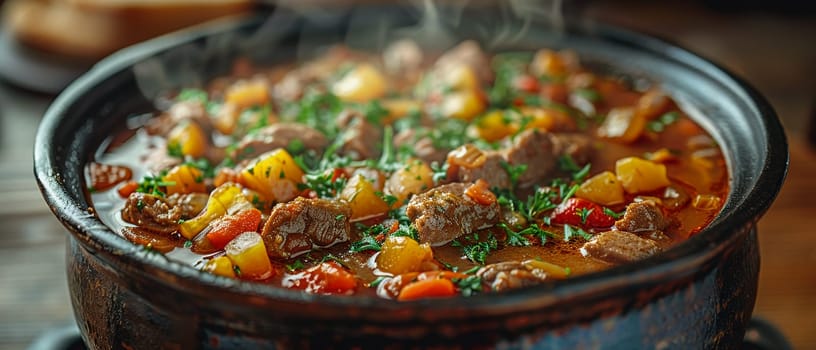 Pot of simmering stew, evoking home cooking and the warmth of family meals