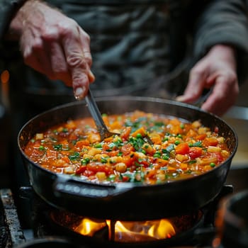 Hand stirring a pot of soup, evoking home cooking and family meals.