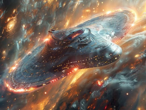 Starship navigating through a wormhole, in a digitally illustrated cosmic journey.