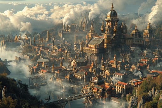 Map of a steampunk city, intricately designed with gears and steam in a digital artwork.