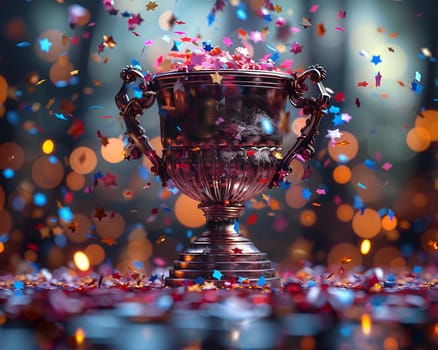Sport championship trophy being lifted, illustration in 3D style with realistic textures and celebratory confetti.