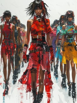 Fashion runway show, illustrated with dynamic poses and avant-garde anime clothing designs.