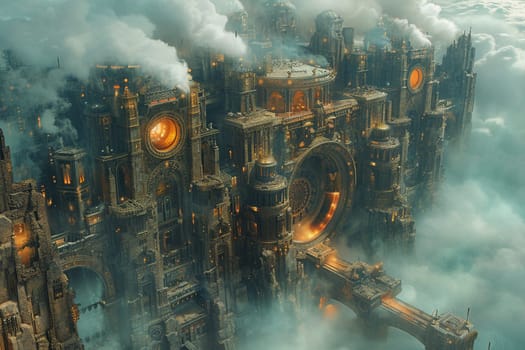 Map of a steampunk city, intricately designed with gears and steam in a digital artwork.