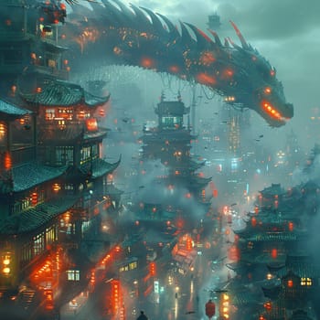 Photoshop fantasy combining dragons and technology in a mesmerizing cityscape.