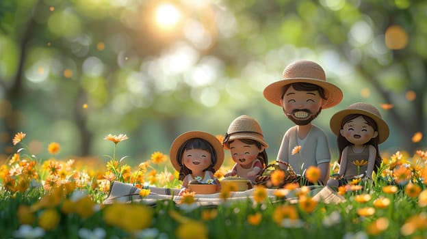 Cartoon family enjoying a picnic in the park, designed with bright colors and happy expressions.