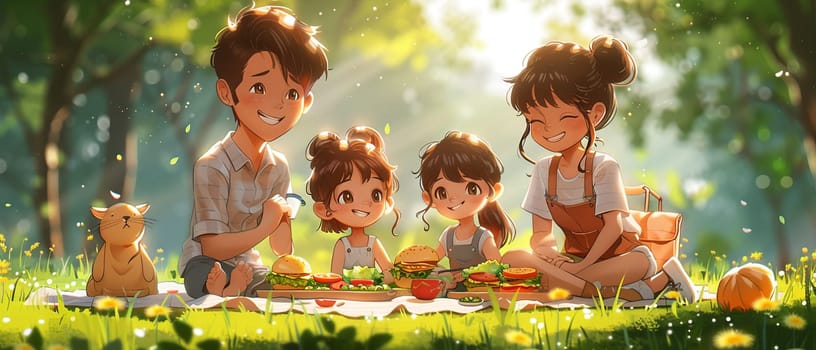 Cartoon family enjoying a picnic, designed with vibrant colors and joyful expressions.