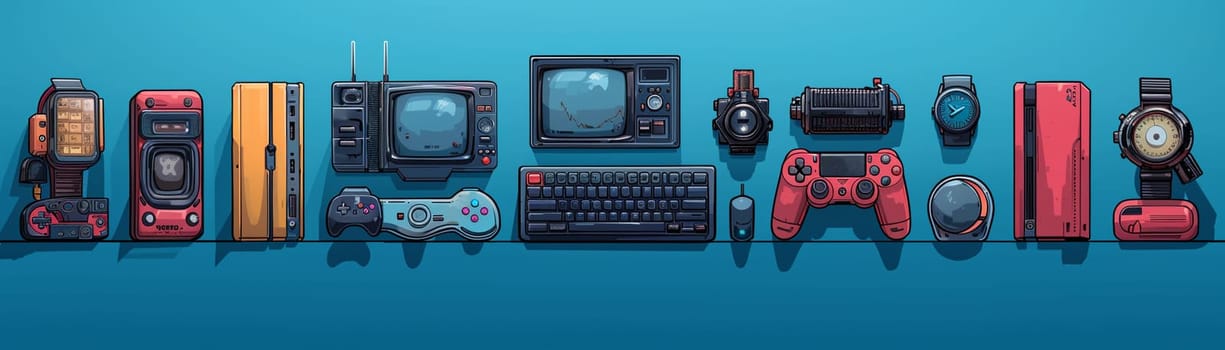 Cartoon gadgets and gizmos, designed with cute and bright stock illustrations for tech themes.