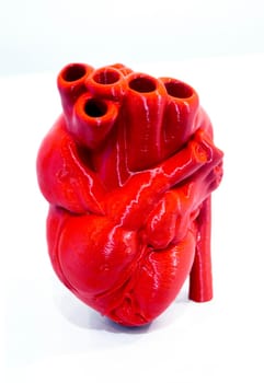 A prototype of a human heart 3D printed from molten red plastic. Model of a human heart printed on a 3D printer isolated on a white background. New modern additive 3D printing medical technologies