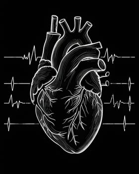 A monochrome drawing of a human heart with heartbeat lines, symbolizing life and vitality. The intricate pattern depicts the heartbeat of an organism in a visually striking gesture of art