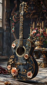 A beautifully decorated guitar with floral designs is placed on a rustic wooden floor, showcasing the perfect blend of music and art