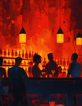 A group of artists are gathered at the bar discussing painting techniques, tints and shades. Bottles of paint and visual arts books litter the table as the sunset hues fill the room with inspiration