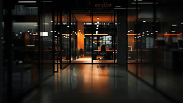 Blurred large office interior background at night time, Generative AI.