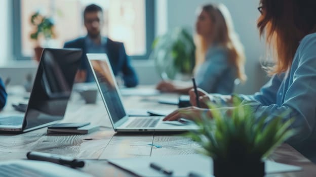 A hand of business person working with coworker in meeting room, Generative AI.