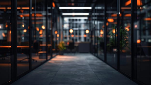 Blurred large office interior background at night time, Generative AI.