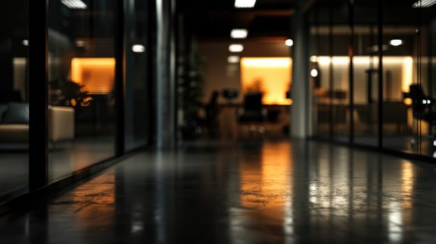 Blurred large office interior background at night time, Generative AI.