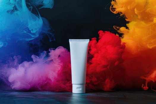 A tube of makeup is placed in front of a colorful explosion of smoke, Mock up tube, Generative AI.