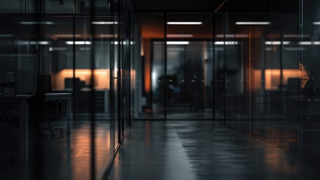 Blurred large office interior background at night time, Generative AI.